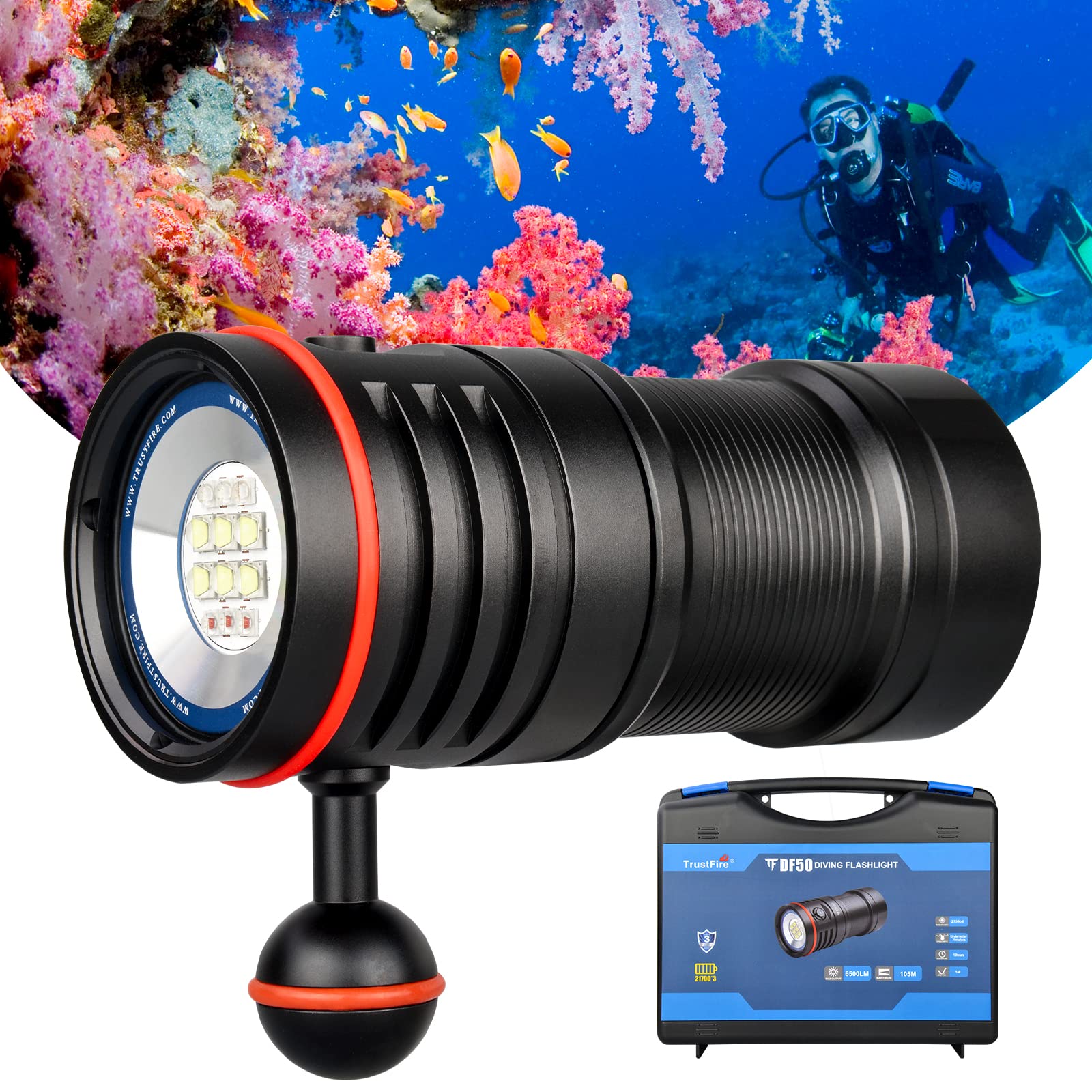 Trustfire Df50 Scuba Diving Light, 6500 Lumens Video Camera Photography Dive Led Flashlight, Usb Rechargeable Torch, 70M Underwa